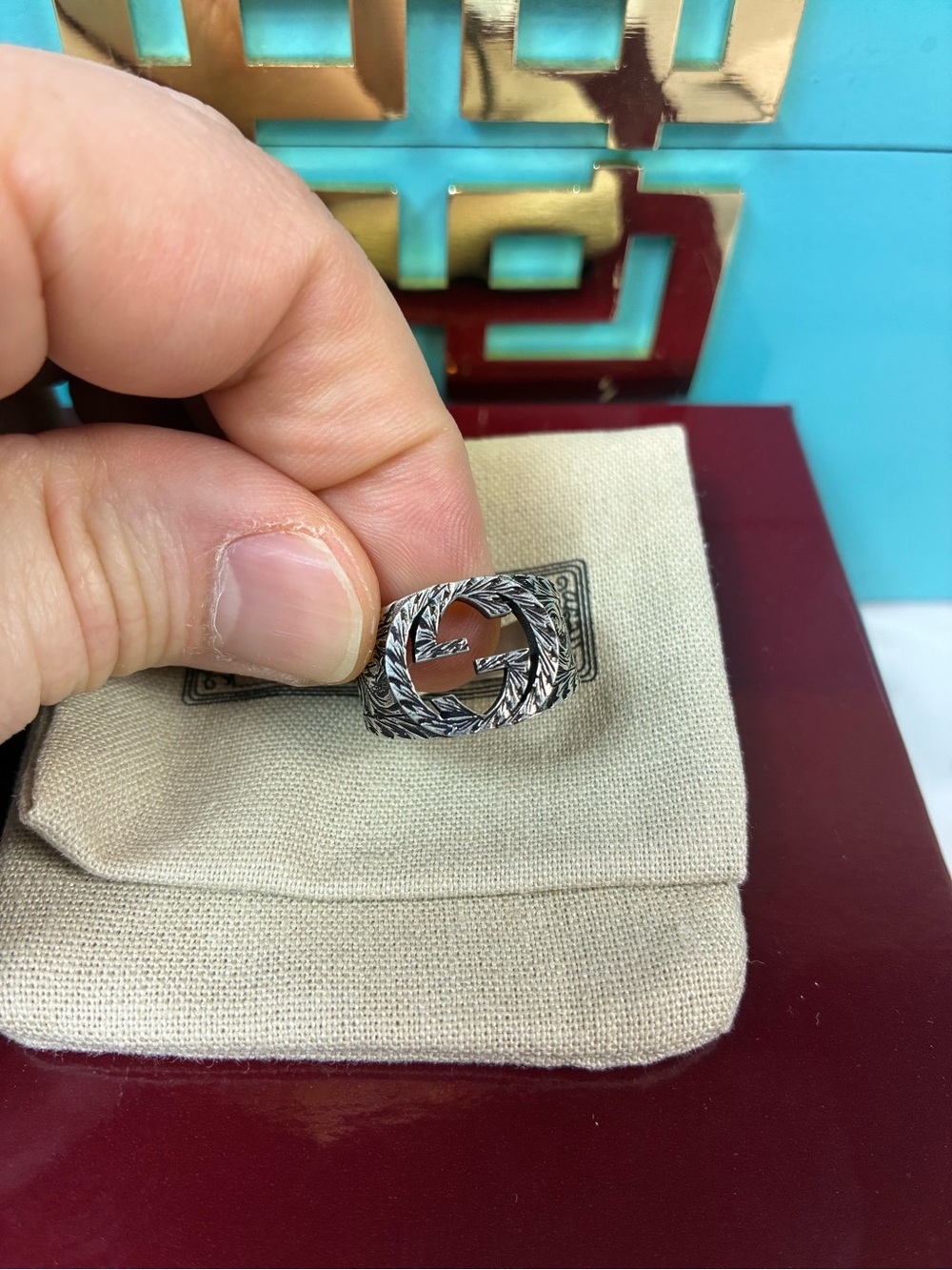 NWT Gucci Silver Interlocking GG Arabesque Paisley Ring - IT Size 15 = 7.25 US